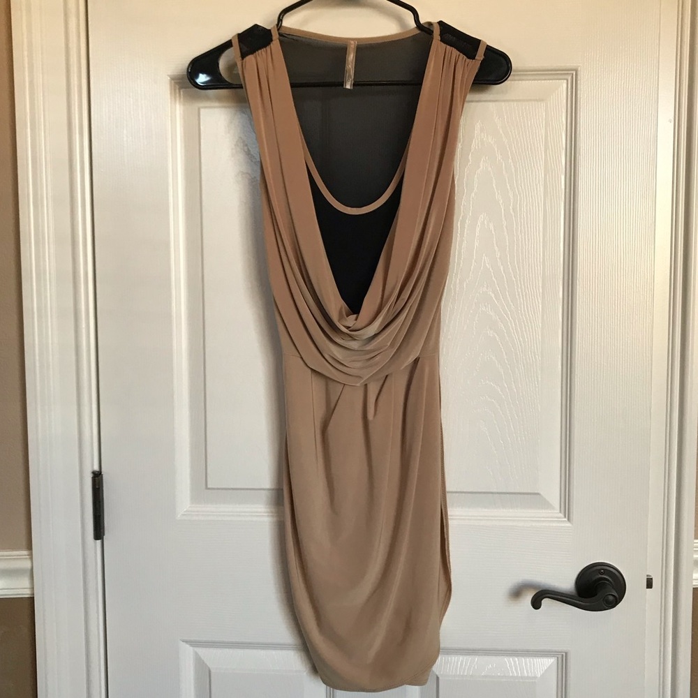 Solemio Tan w/ Sheer Black Sexy Draped Dress